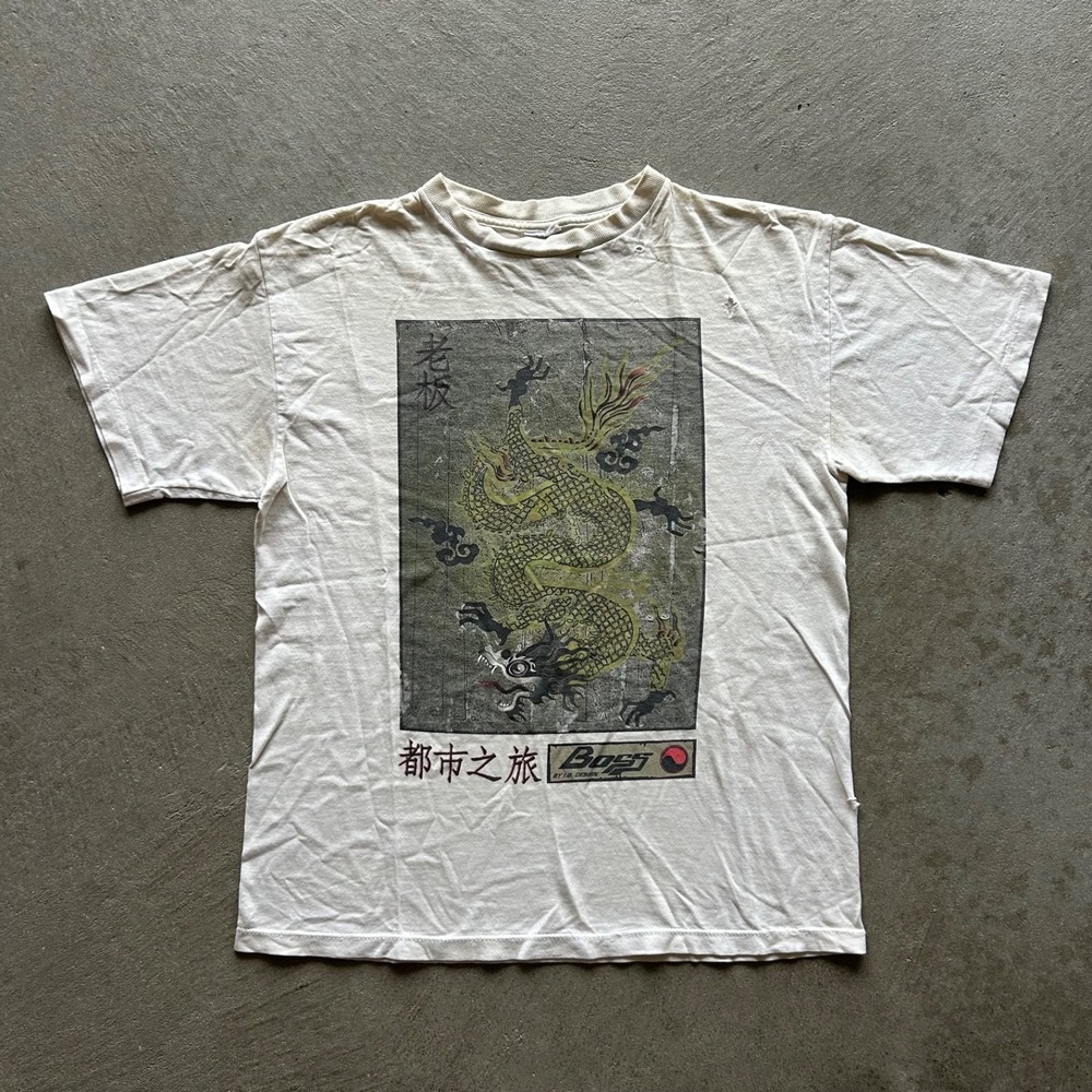 Vintage 90s Boss Dragon Shirt Size Medium White Chinese New Year Distressed